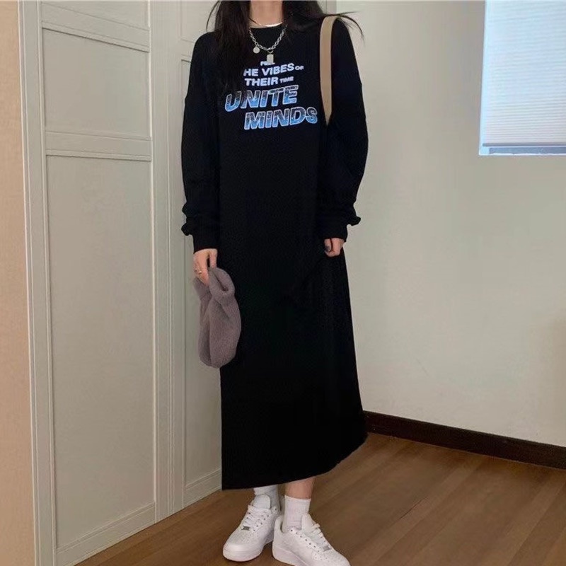 Đầm Nỉ Nữ Dài Tay Cổ Tròn Form Dài Rộng Thời Trang Hàn