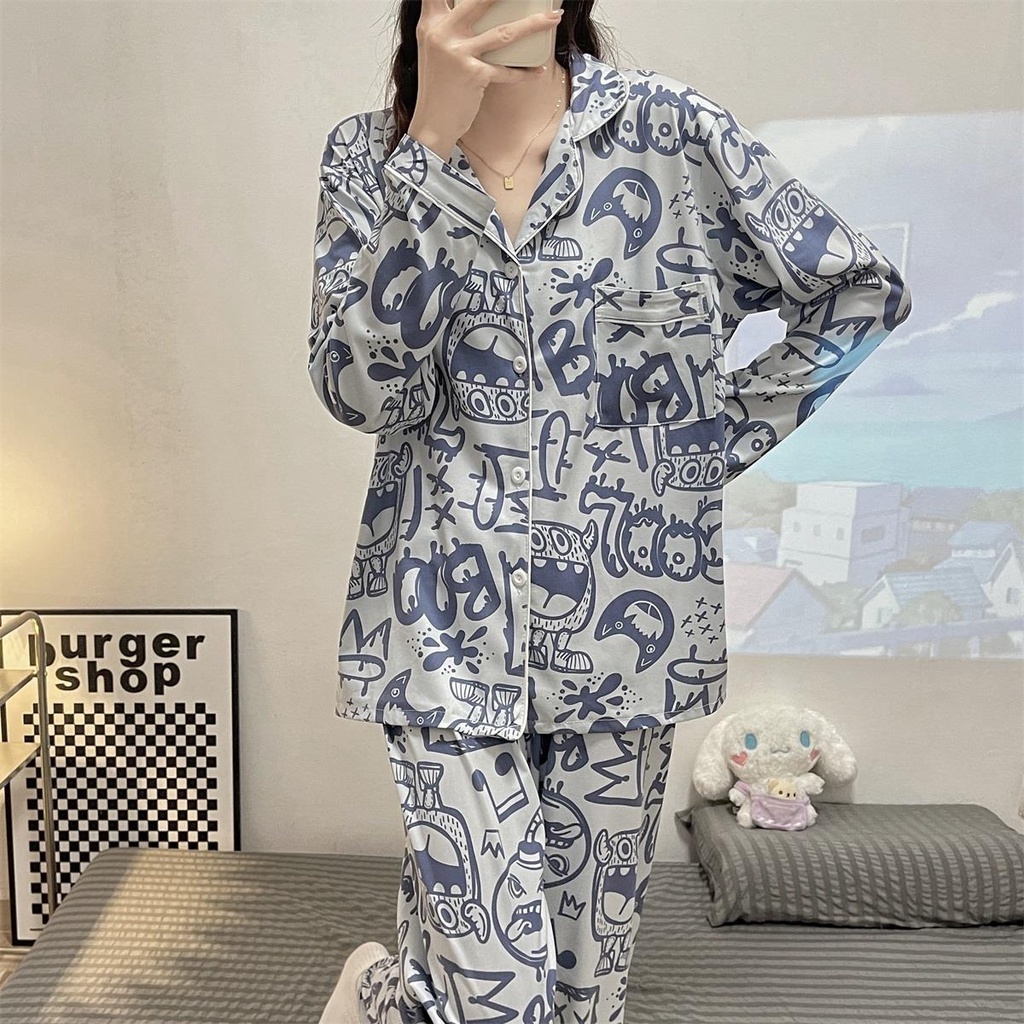 Bộ Đồ Ngủ Tay Dài Dáng Rộng Phong Cách Hàn Quốc Thời Trang Xuân Thu Chất Lượng Cao Cho Nữ La115