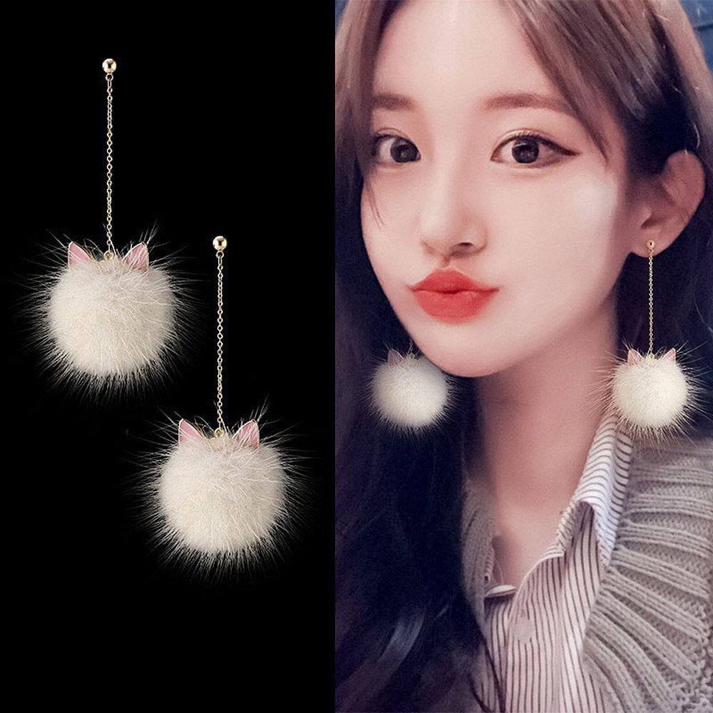 Bông Tai Dáng Dài Phối Lông Kiểu Hàn Quốc Dễ Thương Cho Nữ