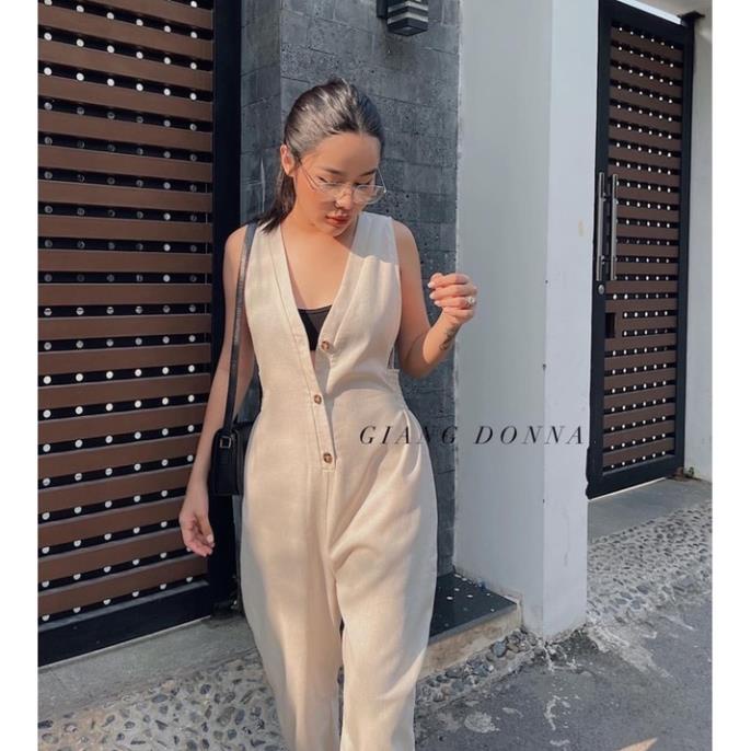 Set jumpsuit tanktop kem cổ v nút nâu không tay kèm áo croptop 2 dây đen