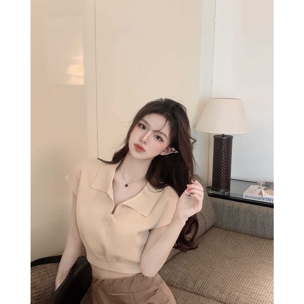 Áo Dệt Kim Tay Ngắn Cổ Bẻ Form Ôm Thời Trang Mùa Hè