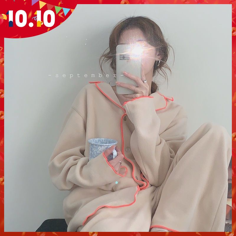 Bộ đồ ngủ chất nhung dày dặn phong cách Hàn Quốc thời trang thu đông cho nữ