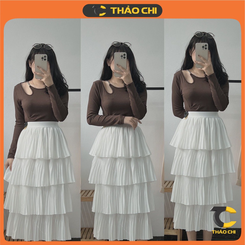 Chân váy xếp ly tầng dài cạp chun rất dễ mặc che khuyết điểm cho chị em.
