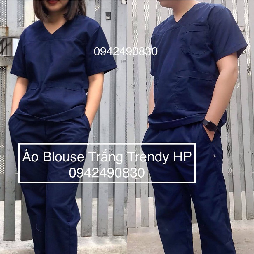 Bộ scrubs cổ tim màu xanh đen (xanh tím than) Nam Nữ cộc tay Bác Sỹ, điều dưỡng, hộ lý, thẩm mỹ viện, spa
