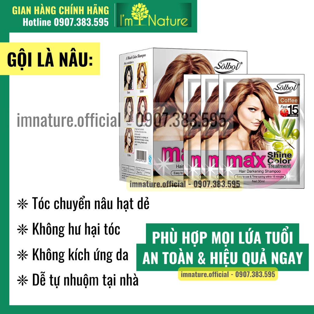 10 Gói Gội Nhuộm Nâu Tóc Phủ Bạc Gội Là Nâu (30gr x 10 gói/ hộp) Solbol / Bolsa