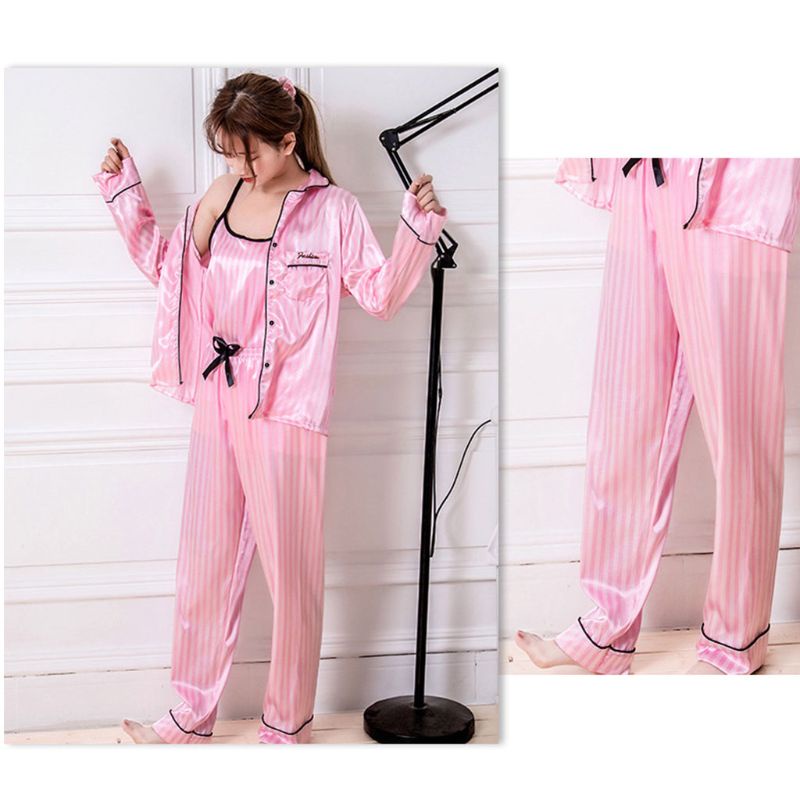 Set Đồ Ngủ 7 Món Chất Liệu Lụa Họa Tiết Kẻ Sọc Màu Hồng Dễ Thương Mới