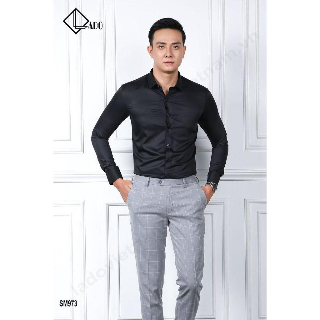 Áo sơ mi trơn màu đen dài tay không nhăn co dãn nhẹ LADO 973