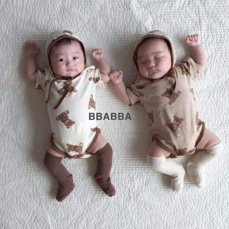 (Hàng cao cấp) Body chip gấu màu kem và nâu sữa cho bé trai và bé gái kèm mũ hàng xuất Hàn cao cấp