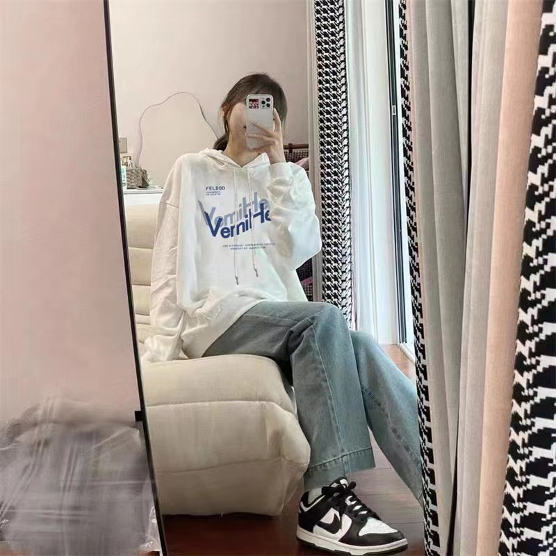 Áo hoodie ZHELIHANGFEI tay dài dáng rộng in họa tiết chữ thời trang cho nữ