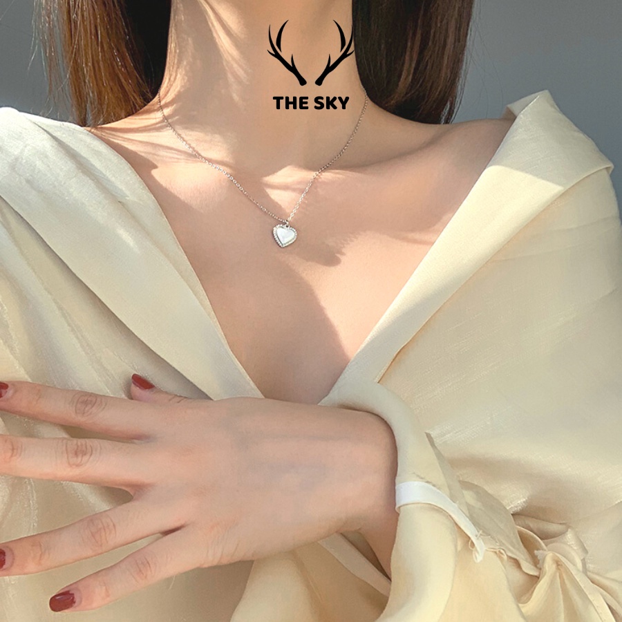 Dây Chuyền Bạc THE SKY DC1026 Sợi Mảnh Kèm Trái Tim Khảm Xà Cừ Sáng Lấp Lánh Hàng Thiết Kế
