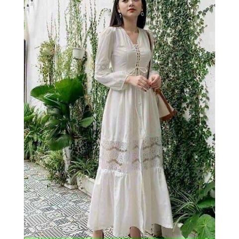 ĐẦM MAXI TRẮNG PHỐI REN ĐAN NGỰC XẺ TÀ