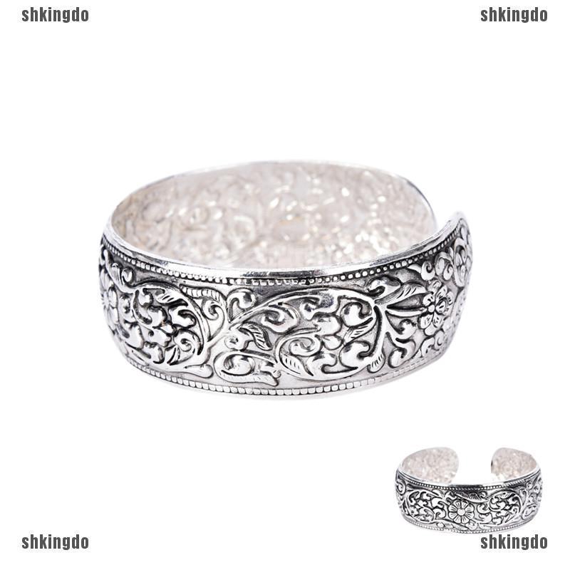 Vòng Tay Mạ Bạc Khắc Họa Tiết Hoa May Mắn Phong Cách Tây Tạng