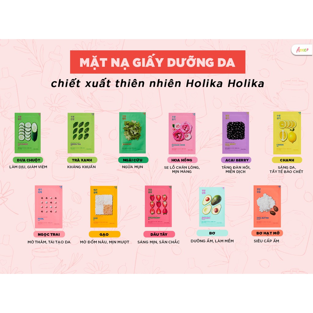 Mặt nạ giấy 3D Hàn Quốc Holika Holika chiết xuất Dâu Tây Pure Essence Mask dưỡng ẩm chăm sóc da 23ml