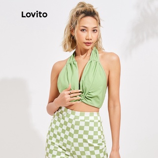 Áo Lovito xếp nếp phía trước cổ yếm chữ V màu trơn phong cách vintage L16D027 (Màu xanh lá)