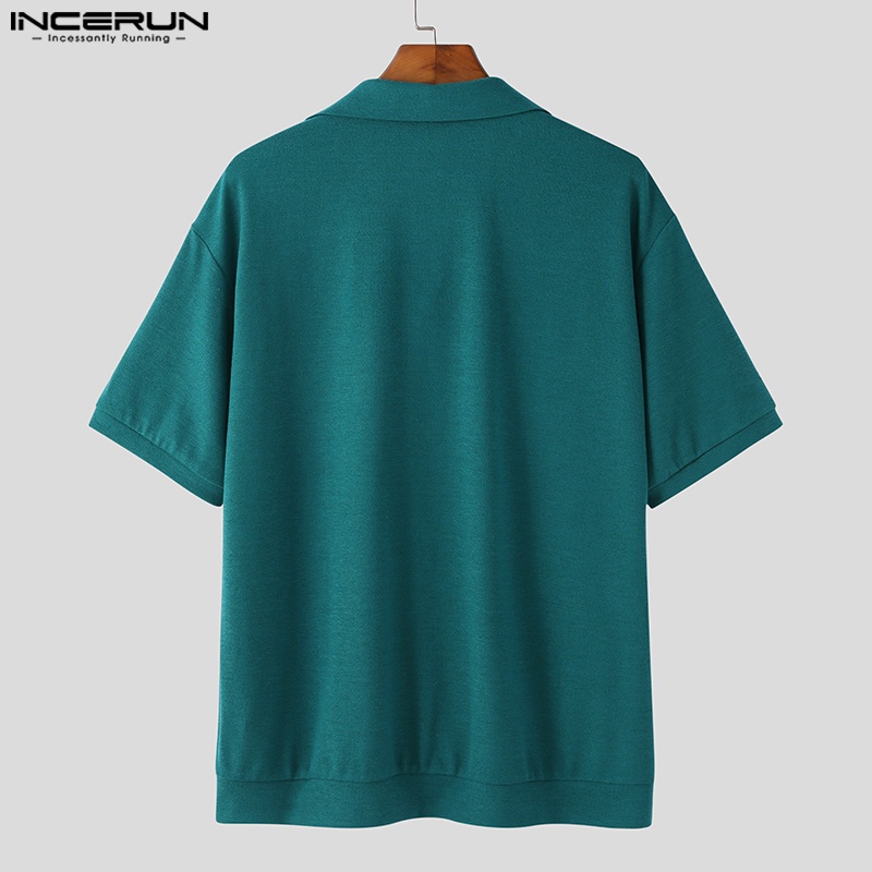 Áo sơ mi INCERUN tay ngắn màu trơn cài nút thời trang lịch lãm cho nam