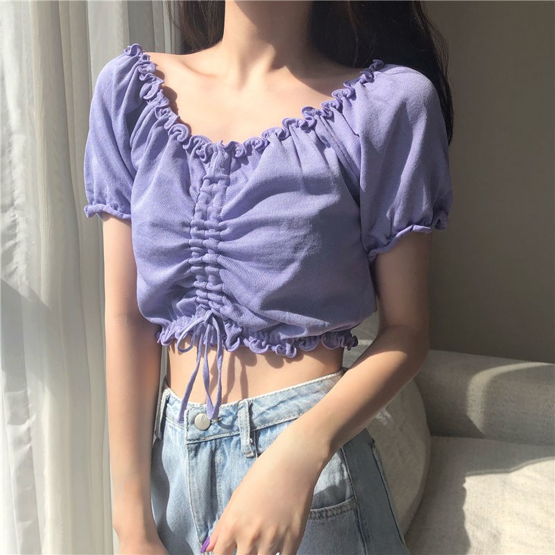 Drawstring design T-shirt women's summer 2021 new style puff sleeve white short cropped knitted short-sleeved top