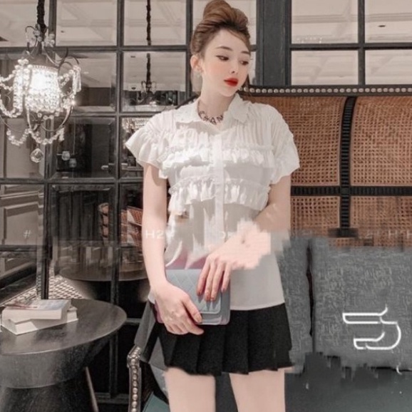 Áo sơ mi trắng tay ngắn đi học nữ dáng rộng kiểu phối ren đính ngọc cổ V kiểu áo sơ mi nữ đi học sinh cấp 2 3 cộc tay