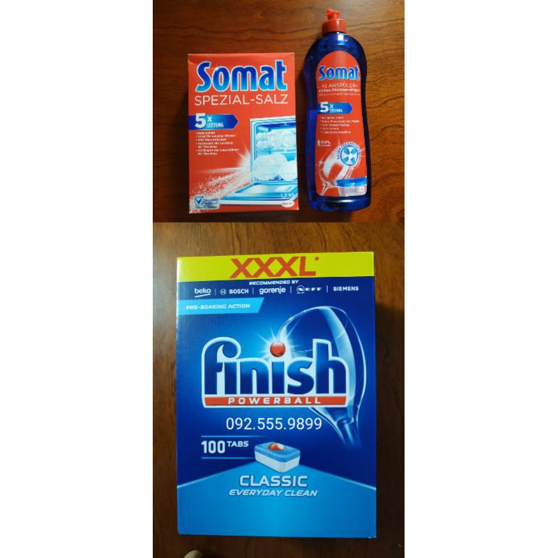 Combo Viên rửa Finish Classic 100v + Muối Somat 1,2kg + Bóng Somat 750ml