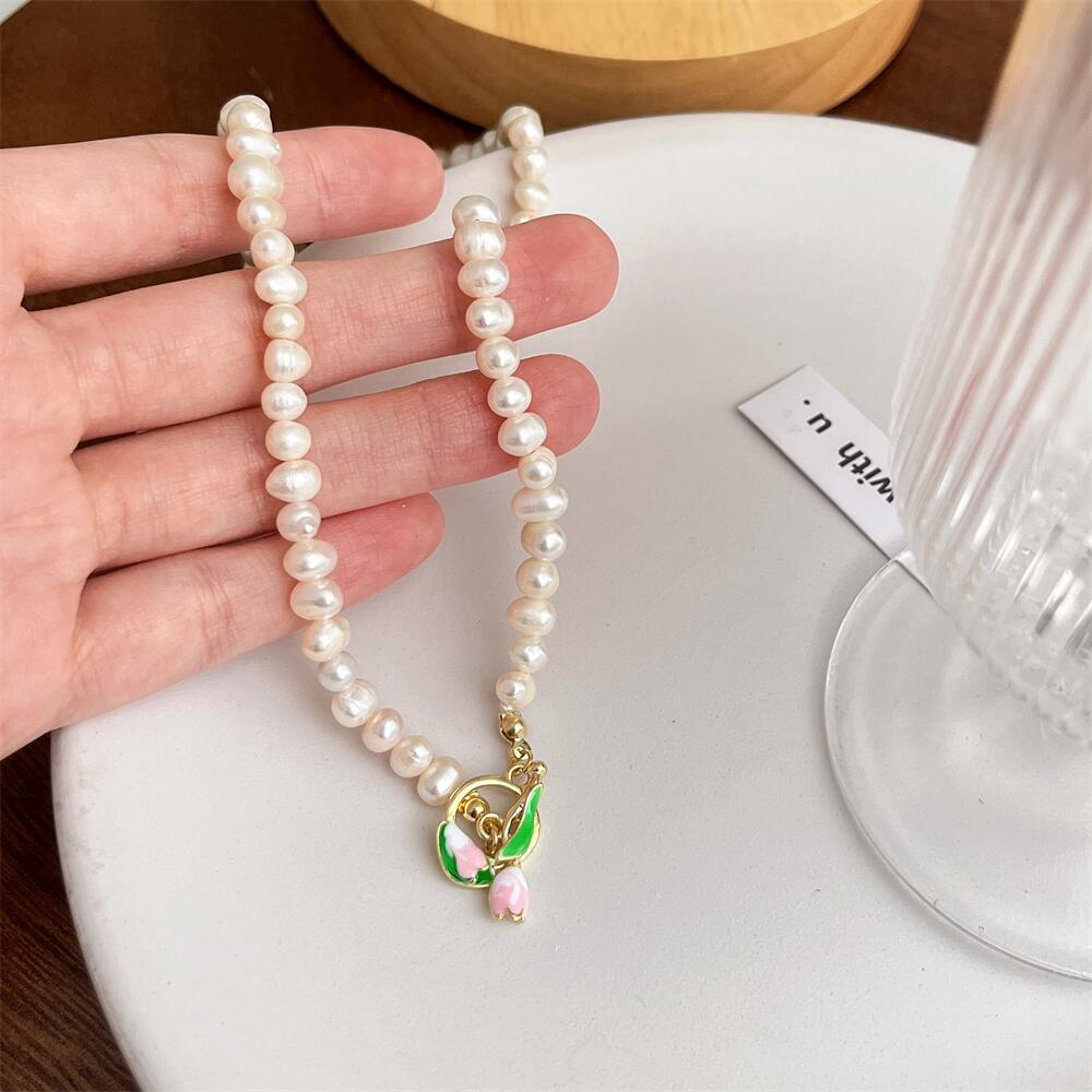 Vòng Tay Chuỗi Hạt Ngọc Trai Màu Hồng / Vàng Hình Hoa Thanh Lịch Cho Nữ