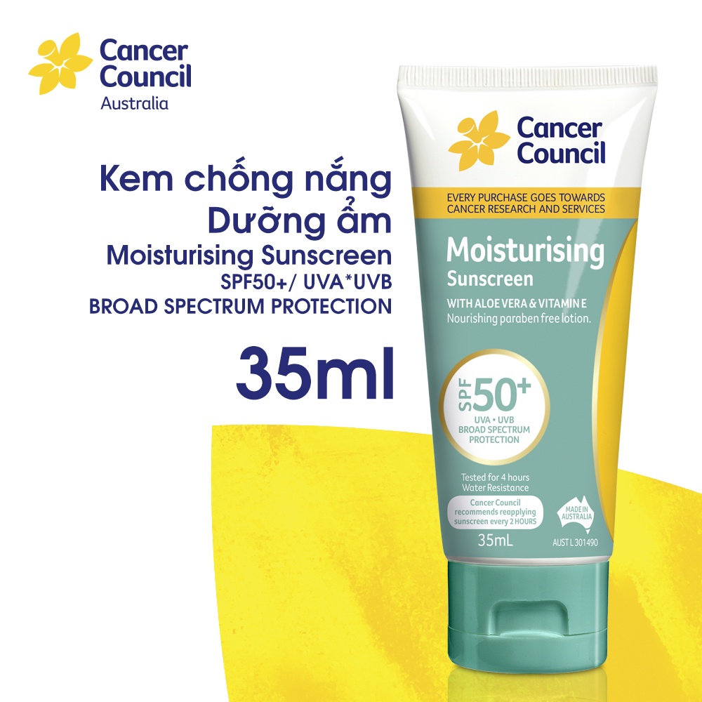 Cancer Council Kem Chống Nắng Moisturising Aloe Vera, Vitamin E dưỡng ẩm SPF50+ 35ml