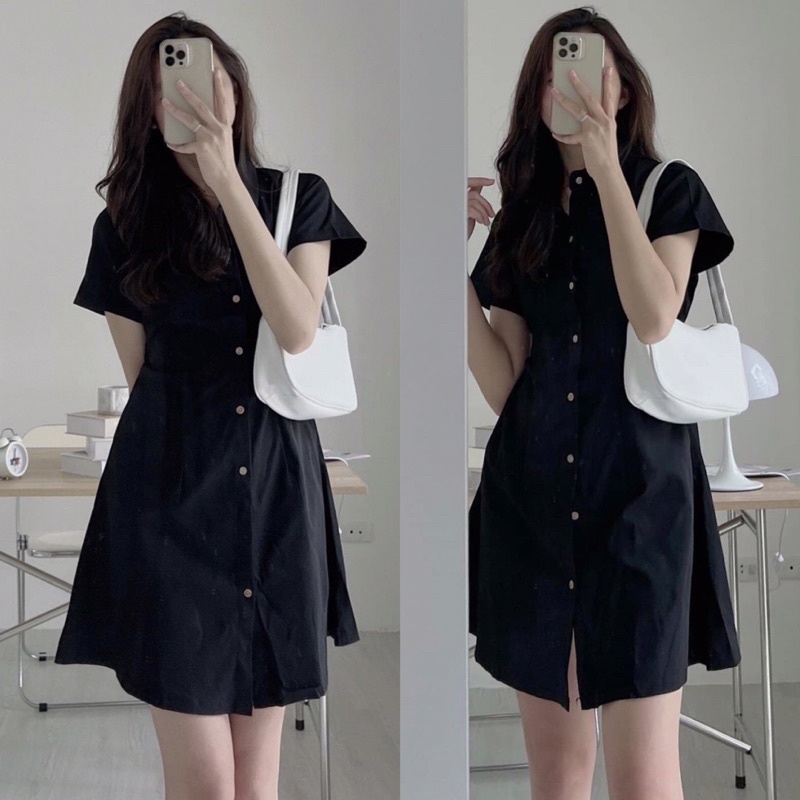 Váy sơ mi cổ đức chất kaki 2 da nhiều màu chun sau co giãn túi thật hai bên siêu tôn dáng phong cách công sở