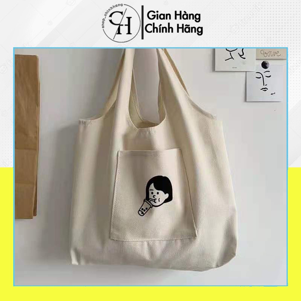 Túi tote đi học nữ vải Canvas hàn quốc giá rẻ có túi nhỏ trước in Girl trà sữa AH1605