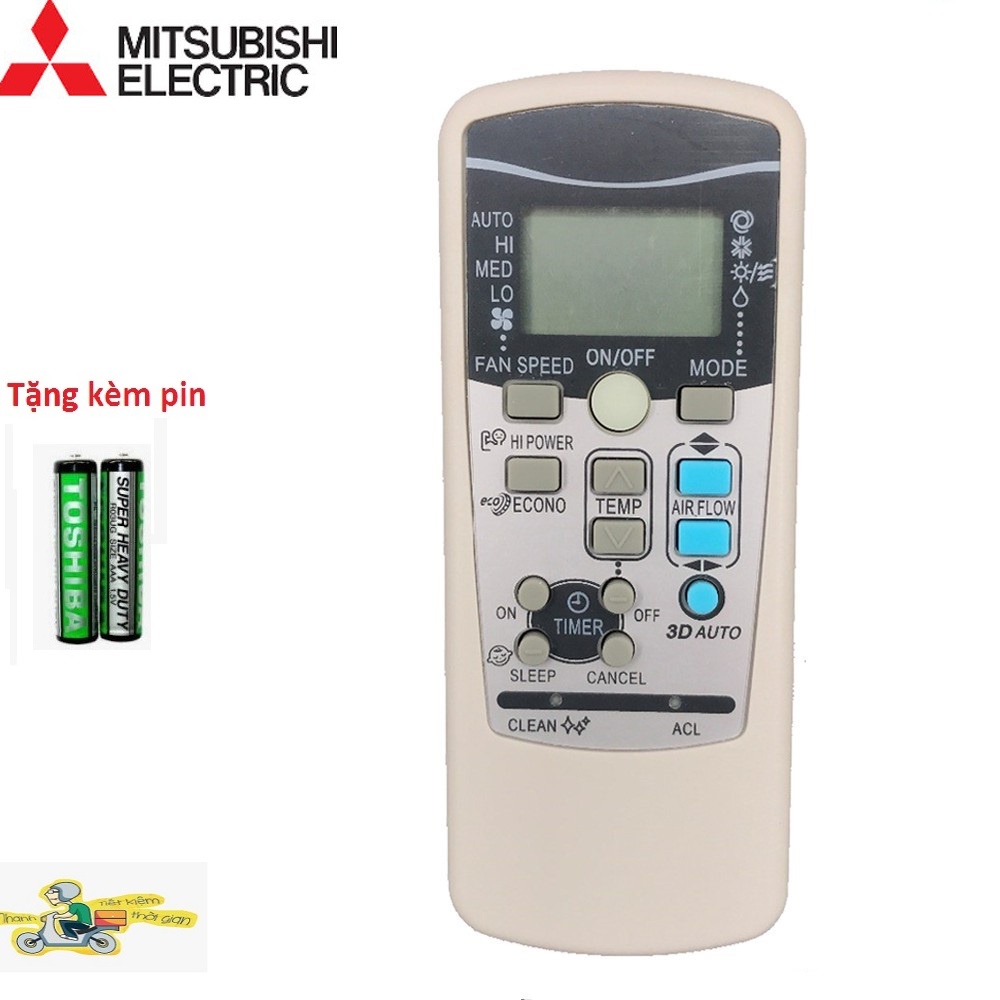 Điều khiển điều hòa Mitsubishi 3 nút xanh - tặng kèm pin  - Remote đầu bấm Mitsubishi - Remote Mitsubishi nút 3D