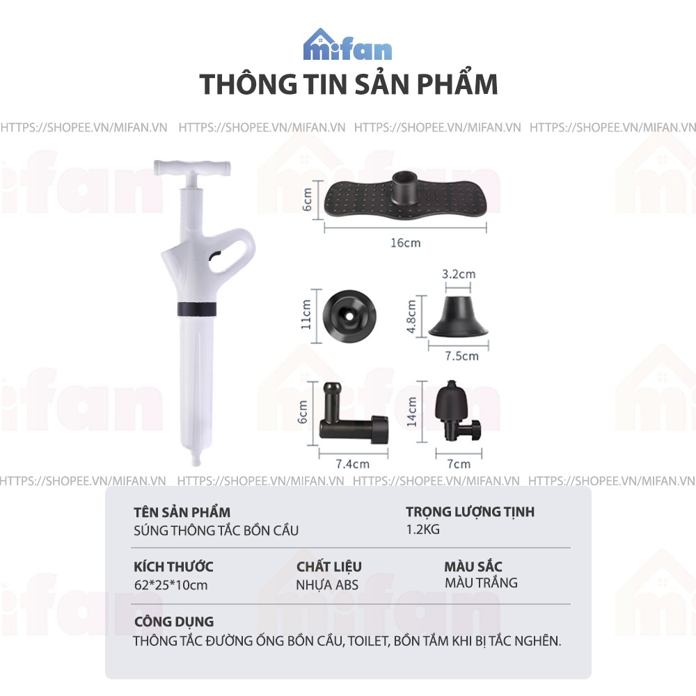 Súng Thông Tắc Bồn Cầu, Chậu Rửa Bát, Bồn Tắm - Mẫu Mới 2021 MIFAN - Khí Nén AGT Cực Mạnh 8kg - Nhựa ABS Cao Cấp