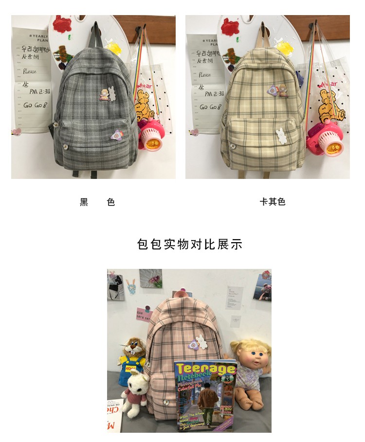 Ba Lô canvas Mềm Mại Kẻ Sọc Caro Phong Cách vintage Hàn Quốc Cho Nữ Sinh Trung Học