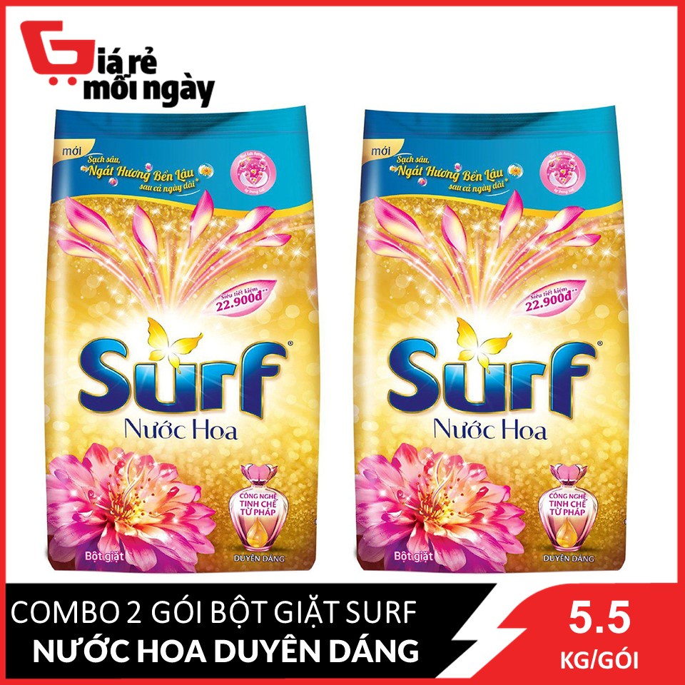 COMBO 2 Gói Bột giặt Surf Hương nước hoa Duyên dáng (Vàng) Gói lớn 5.5kg X2