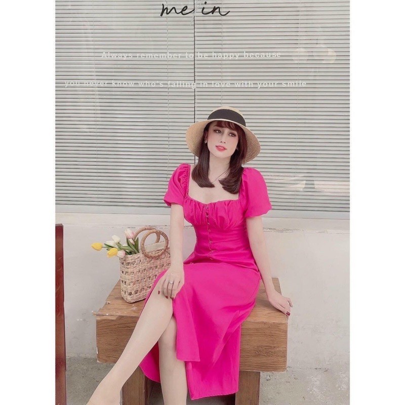 Đầm Hồng đũi xẻ tà nhún bo chun sau lưng, Đầm đi chơi đi du lịch | BigBuy360 - bigbuy360.vn