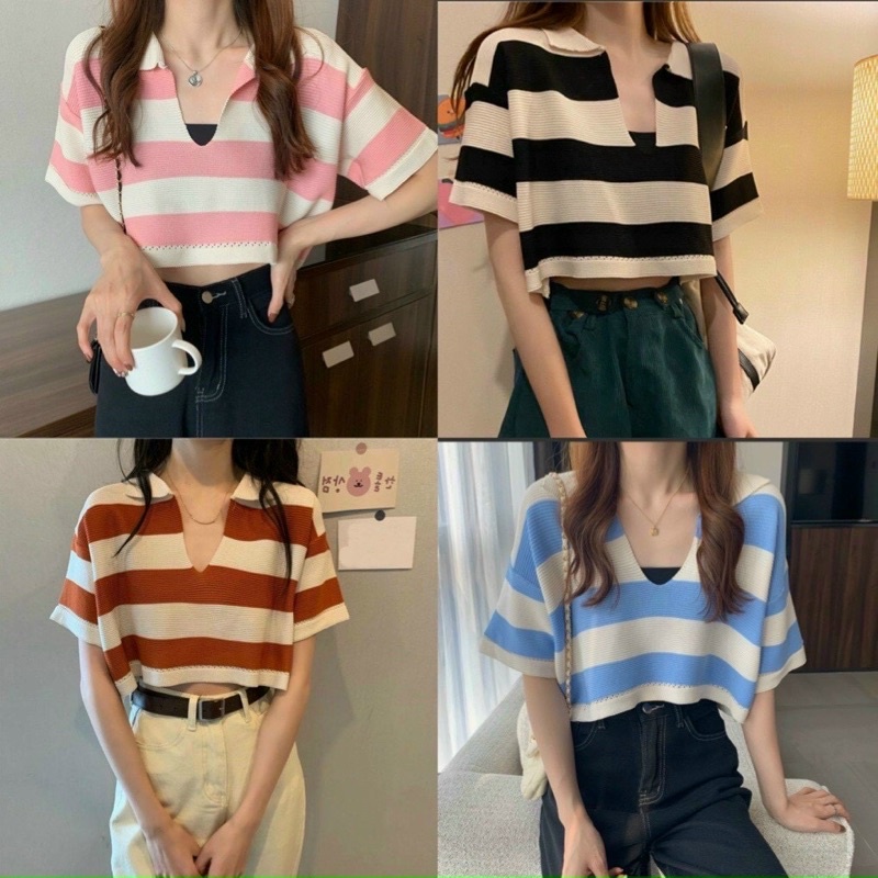 Áo montoghi kẻ cổ bẻ khoét Quảng Châu dáng croptop LEN SỌC