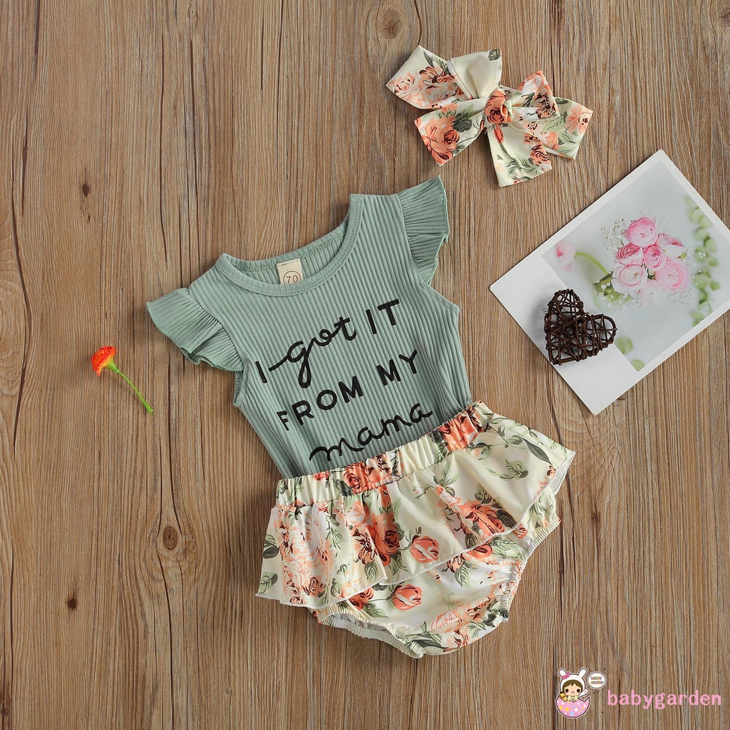 Bộ Áo Liền Quần 3 Món In Chữ Gồm Áo Tay Cánh Tiên + Quần Short Hoa + Băng Đô Cho Bé Gái