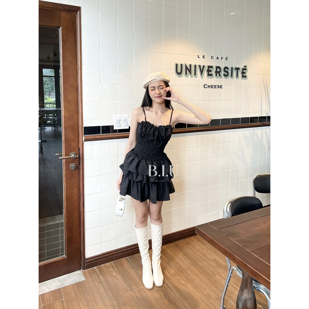 Đầm dây viền bèo ngực nhún eo dây cột nhiều kiểu form ngắn xếp tầng xòe BIU Clothing BB0029