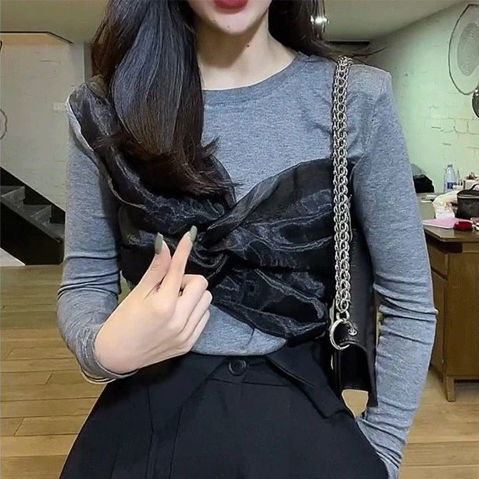 Áo thun tay dài phối lưới đính nơ thời trang dành cho nữ