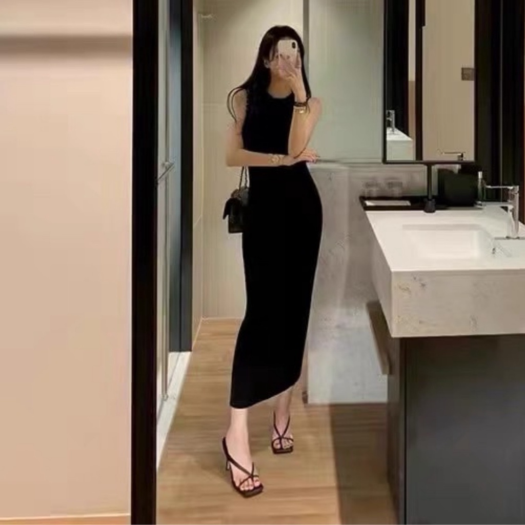 Váy body thun gân dáng dài cổ tròn sát nách - Đầm body sexy freesize dài váy 120cm