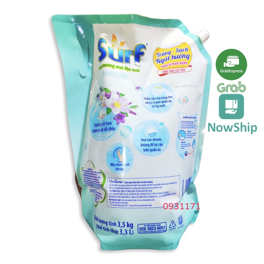 [Hoả Tốc] SURF Túi Nước Giặt 3.5kg 3.5 kg Xanh Hương Sương Mai có nắp vặn 3.3l 3.3 lít