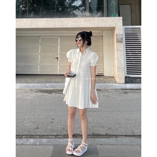 Váy babydoll gân tay bồng dáng ngắn cổ sơ mi, váy babydoll cúc Bazic one