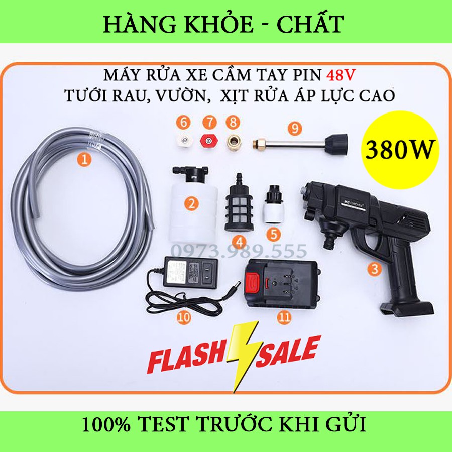 Máy Rửa Xe Mini Dùng Pin Hàng Nội Địa Cao Cấp- Chạy Pin 48V- 380W, Áp Lực Cao, Tặng Kèm Bình Tạo Bọt. TẶNG HỘP NHỰA ĐỰNG