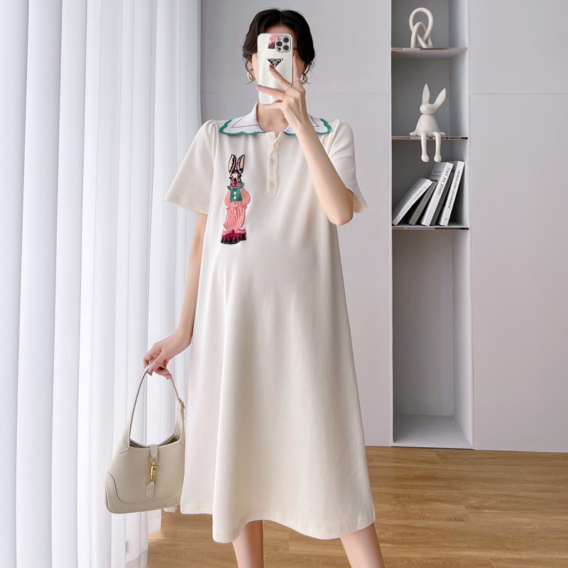 Đầm Bầu Dáng Rộng Cổ Bẻ Thêu Họa Tiết Hoạt Hình Thời Trang Mùa Hè