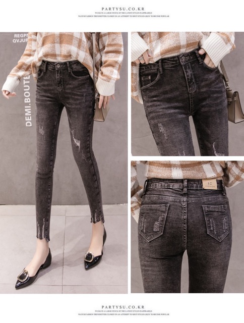 [50kg ~ 95kg] QUẦN JEAN DÀI 9 TẤC XÁM ĐEN TUA LAI RÁCH KIỂU 2570