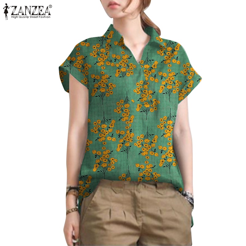 Áo sơ mi ZANZEA tay ngắn họa tiết hoa vintage dành cho nữ