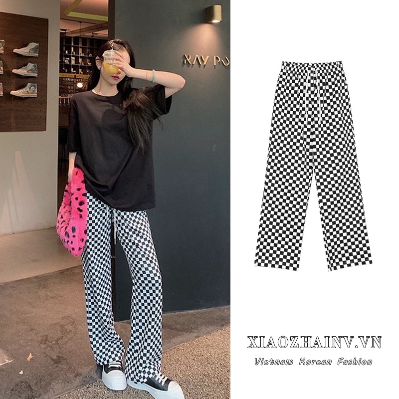 Xiaozhainv Quần Dài Ống Rộng Họa Tiết Sọc Caro Size S-2XL Thời Trang Trẻ Trung Cho Nữ