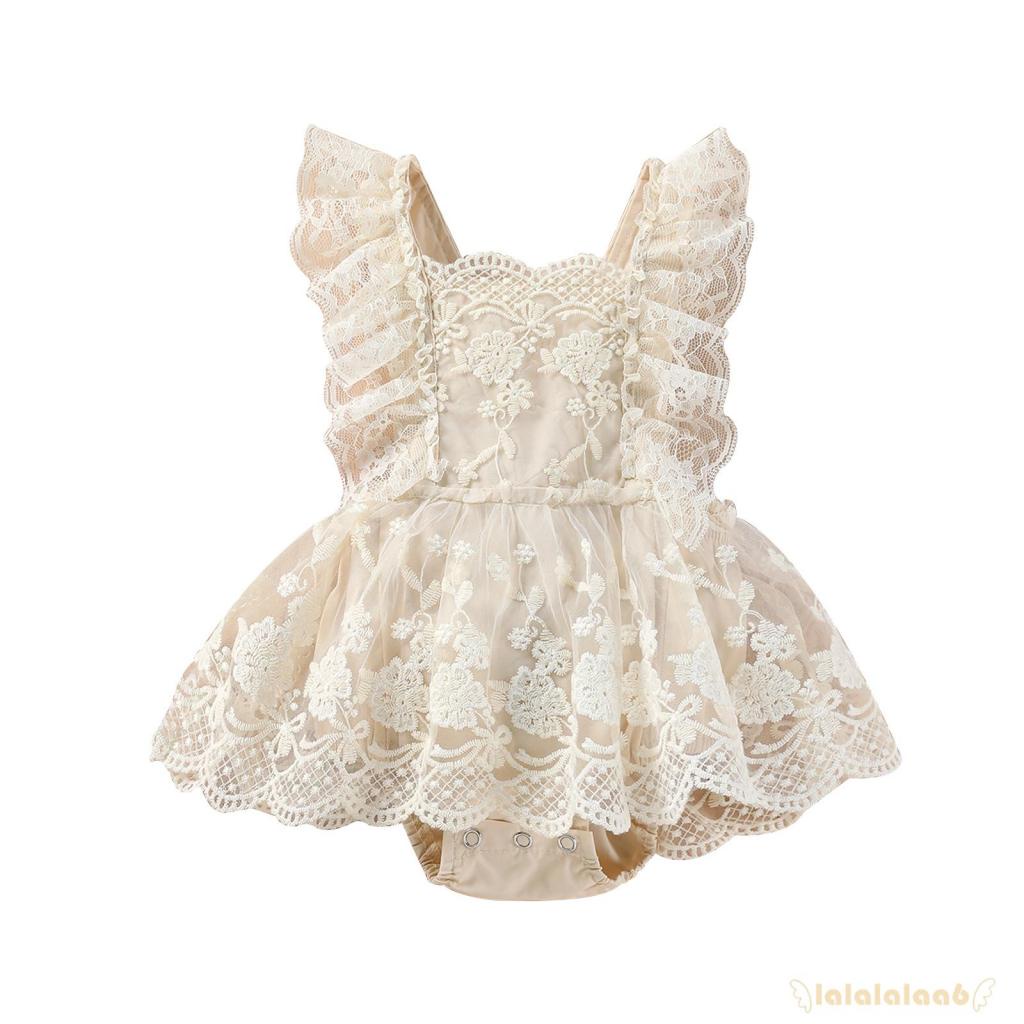 LAA6-Baby Girls Summer Romper, Plain Floral Lace Embroidery Skirt Layered Adjustable Straps Romper