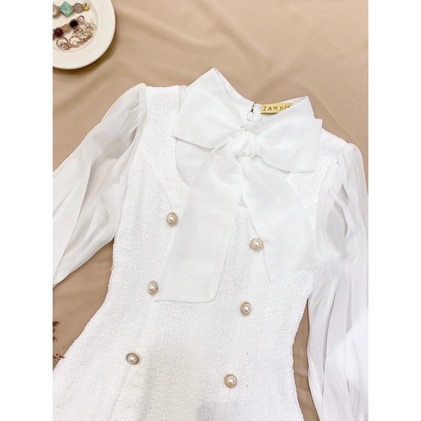 Váy dạ tweed phối sơ mi cổ nơ