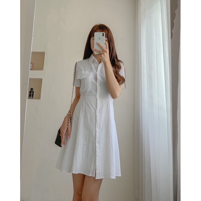 Đầm trắng cổ polo nơ lưng 654