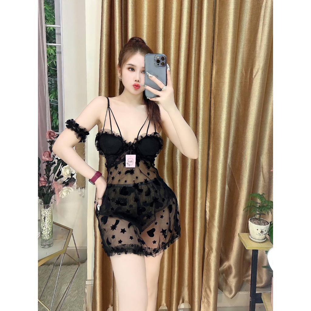 Bộ Ngủ Lưới Gợi Cảm Xuyên Thấu, Hoạ Tiết Nổi, Kèm Quần Lưới Cho Bạn Tự Tin