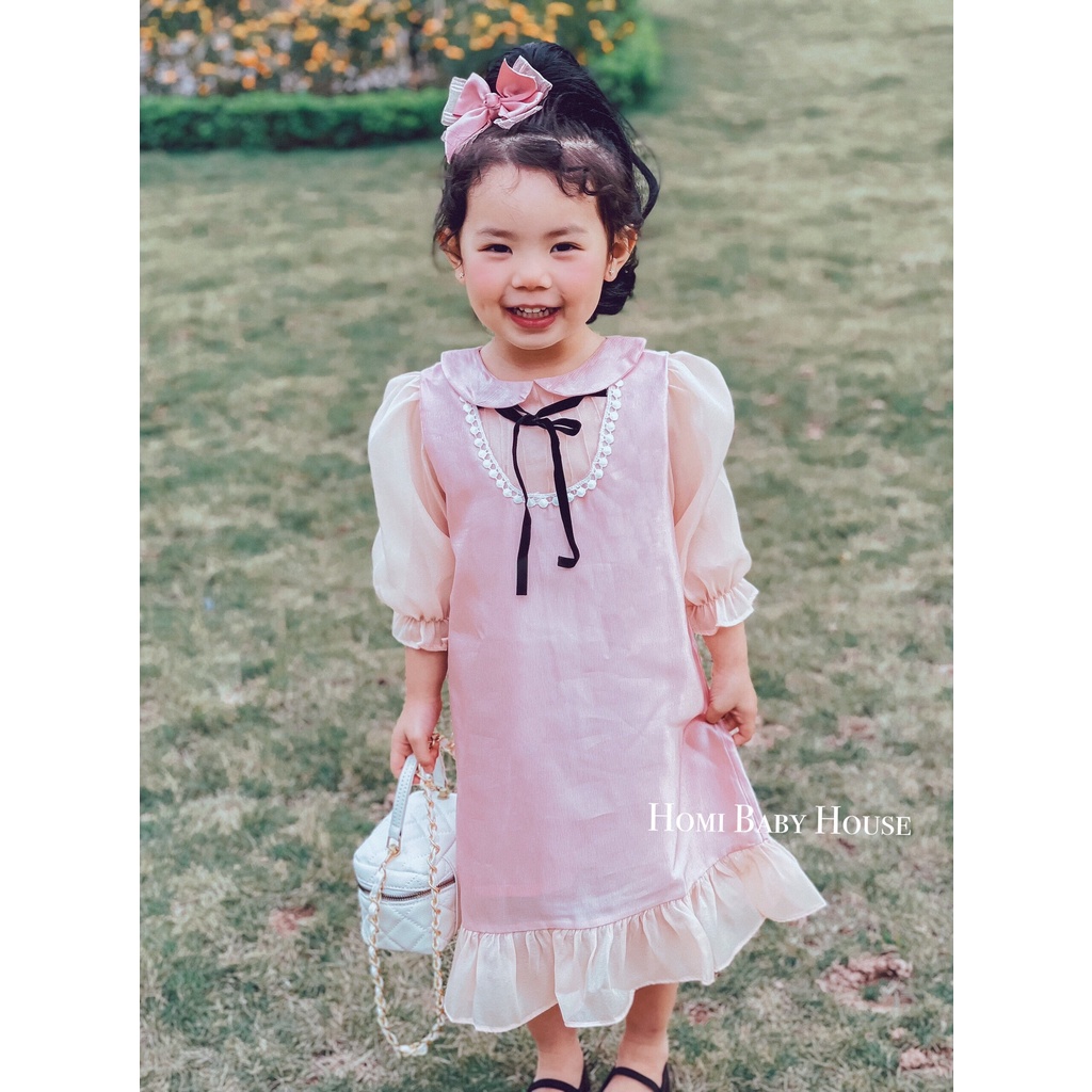 Đầm công chúa HOMI BABY HOUSE váy bé gái công chúa tay dài nơ đen màu hồng/vàng