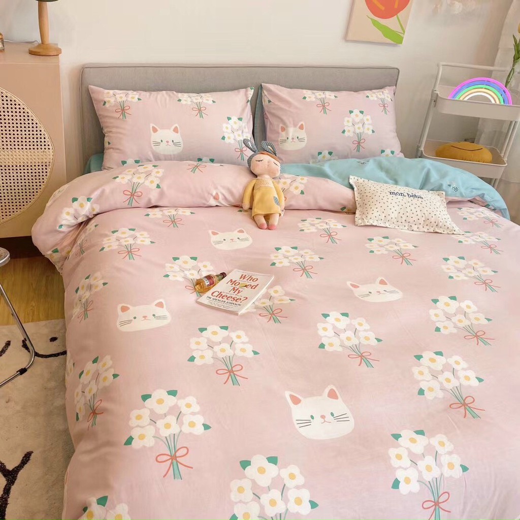 Bộ chăn ga cotton living 100% cotton- mẫu mèo hoa