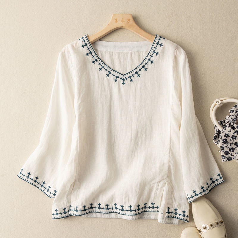 Áo Kiểu Vải Lanh Cotton Mỏng Thêu Họa Tiết Phong Cách Retro Cho Nữ